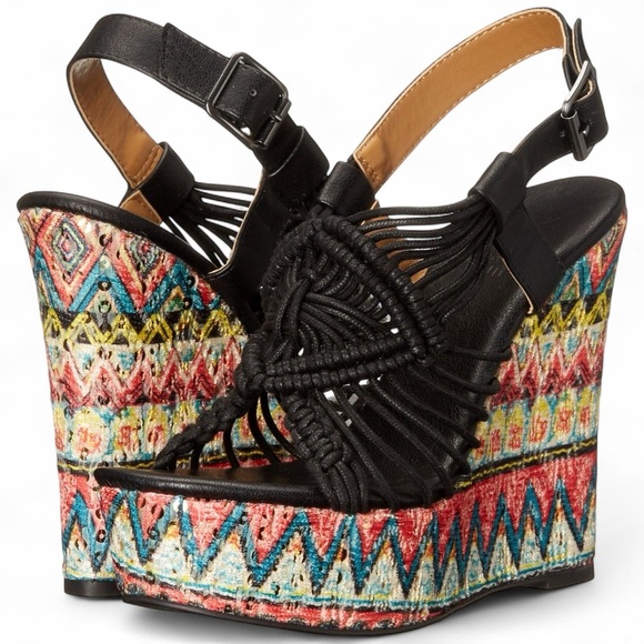 Dolce - Mojo Moxy Black and Multicolor Wedges - Picture 1 of 6